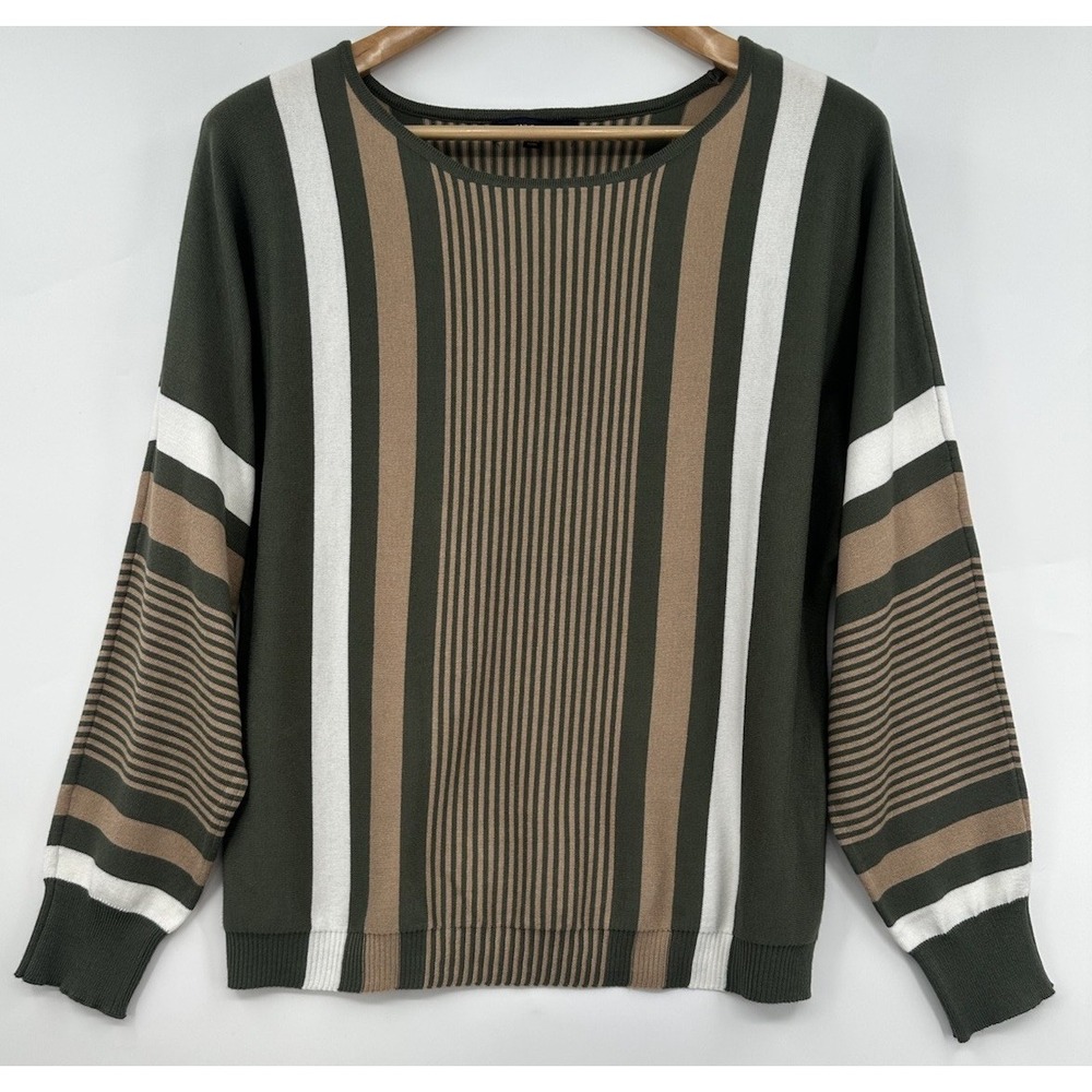 Adrienne Vittadini Green Knit Round Neck Long Sleeve Pullover Sweater L Stripe - Picture 8 of 8